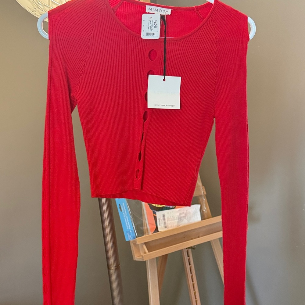 Mimosa Red Ribbed Button Holed Front Crop Top